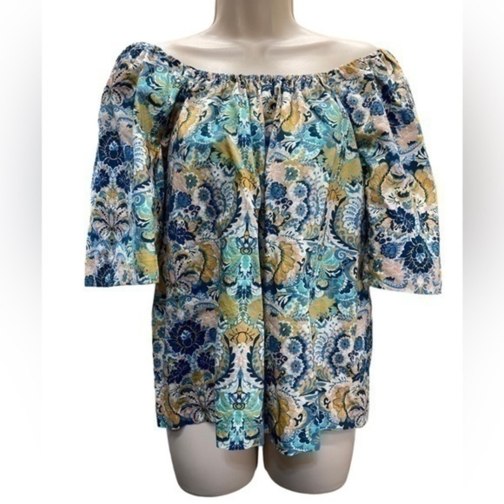 Tyler Boe colorful paisley of the shoulder top